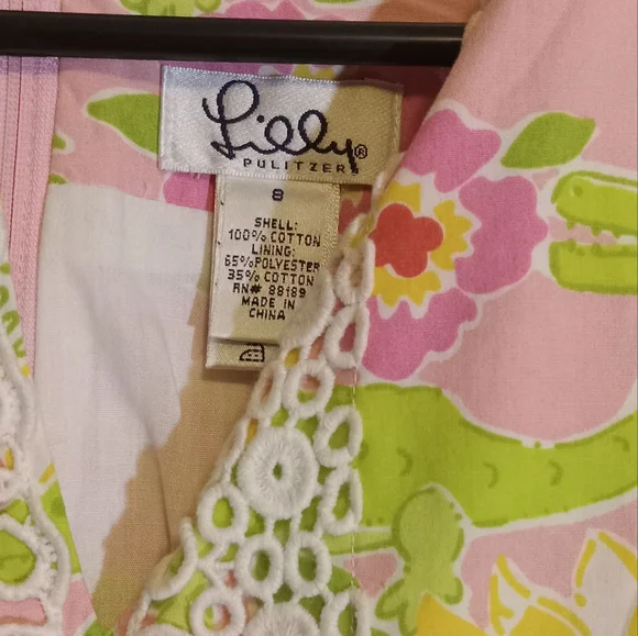 🎁🩷💚⚜️Lilly Pulitzer⚜️🩷💚Shift Dress Pink Green Gator Sleeveless Lace Size 8 - Picture 12 of 13